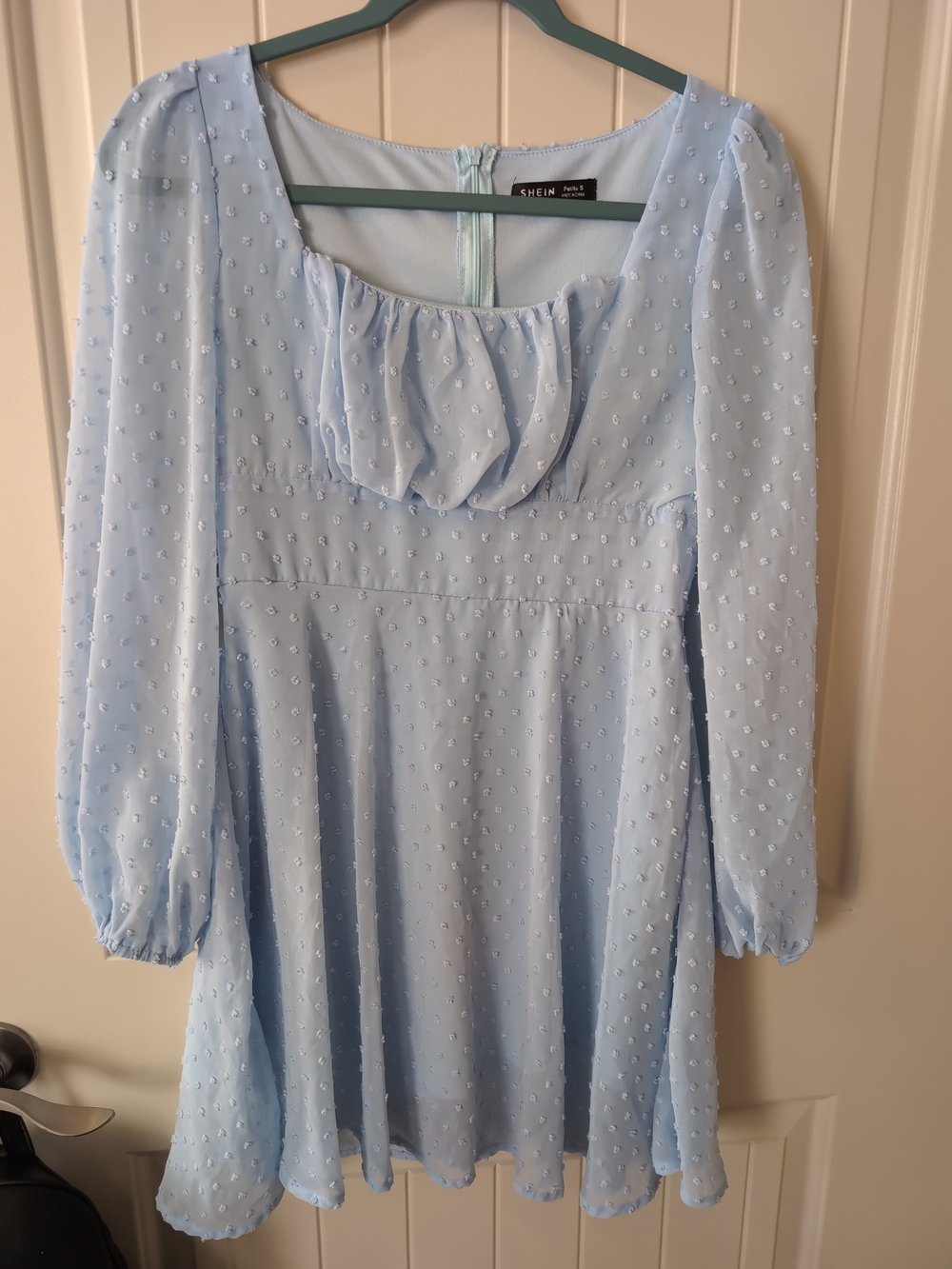 SHEIN Pastel Blue Long Sleeve Textured Swiss Dot Mini Dress
